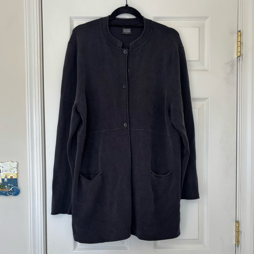 Eileen Fisher Silk Cotton Blend Interlock Knit Stand Collar Button Up Cardigan
